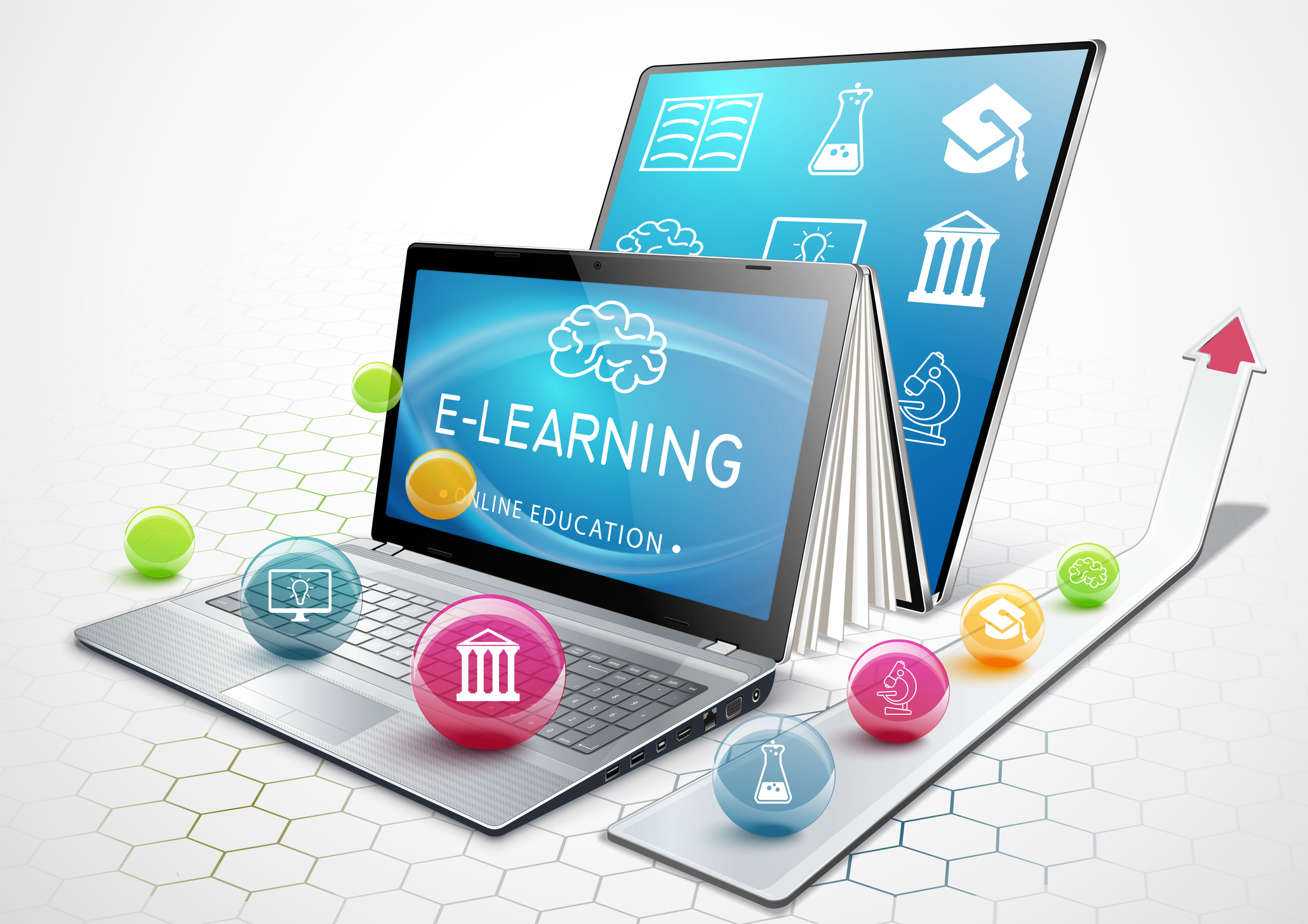 The concept of e-learning. Education online. Laptop as an ebook. Getting an education. Illustration
